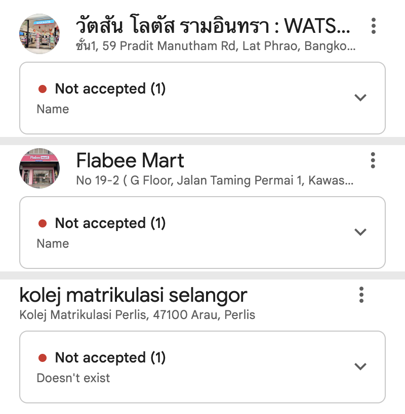Three of my Google Maps edit suggestions, all marked "Not accepted": two name changes and a "Doesn't exist" report