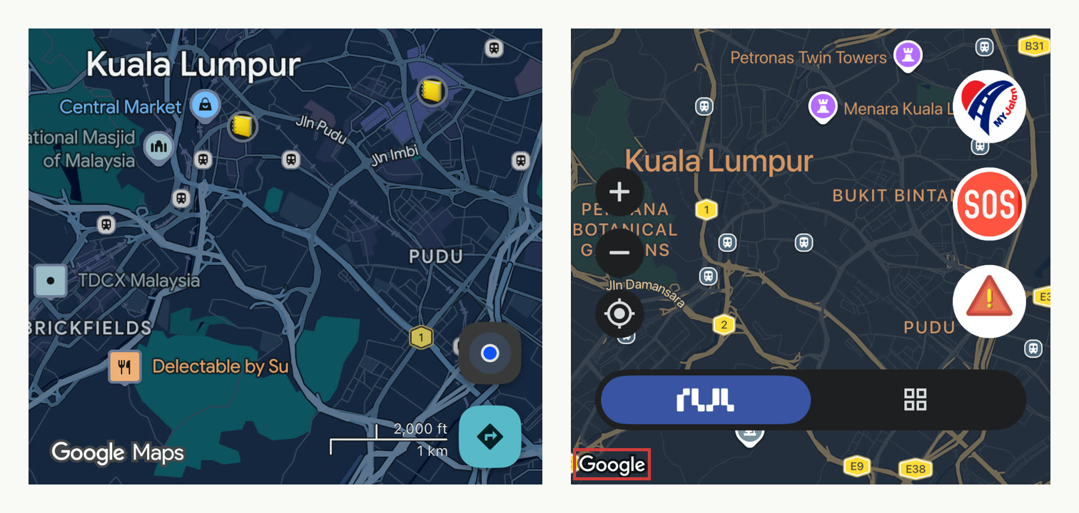 Left: Google Maps. Right: TuJu, with the Google logo in its bottom corner boxed in red.