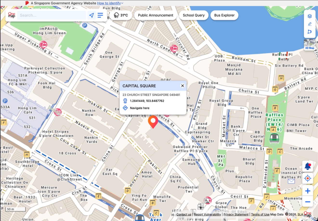 OneMap, the Singapore Land Authority's map, showing Capital Square with its address, postcode and coordinates