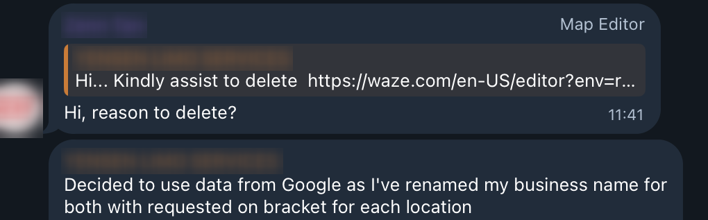 A Waze map editor replies to a business owner's request to delete their listing: "Hi, reason to delete?" Names blurred.